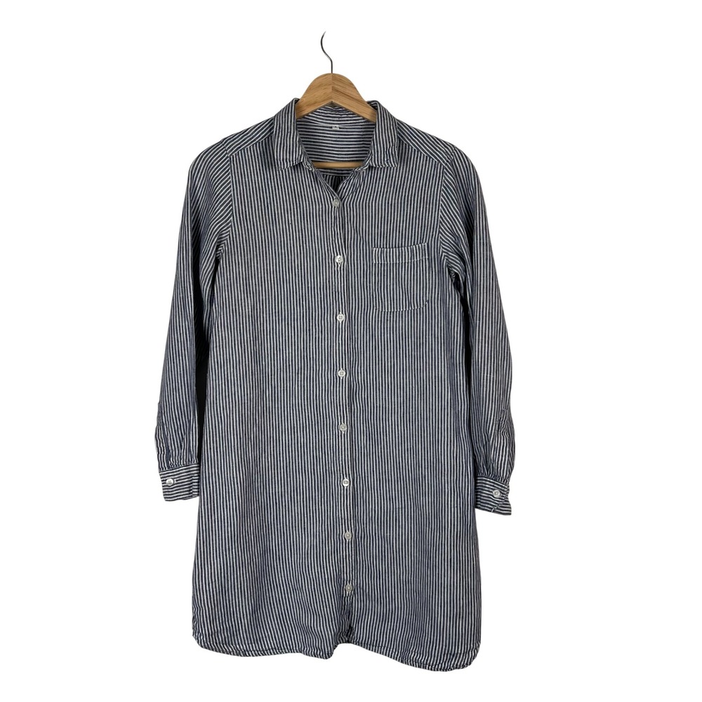 Muji Womens Blue White Striped 100% Linen Long Sleeve Shirt Dress Small Coastal